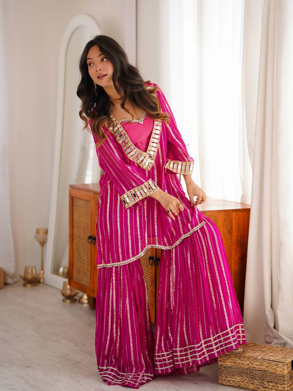 Zarvella Premium Designer Gold Zari Embroidered Mirror Work Top with Fully Stitched Lace Sharara Set