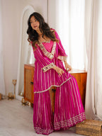Zarvella Premium Designer Gold Zari Embroidered Mirror Work Top with Fully Stitched Lace Sharara Set
