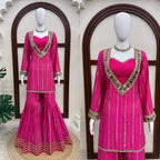 Zarvella Premium Designer Gold Zari Embroidered Mirror Work Top with Fully Stitched Lace Sharara Set