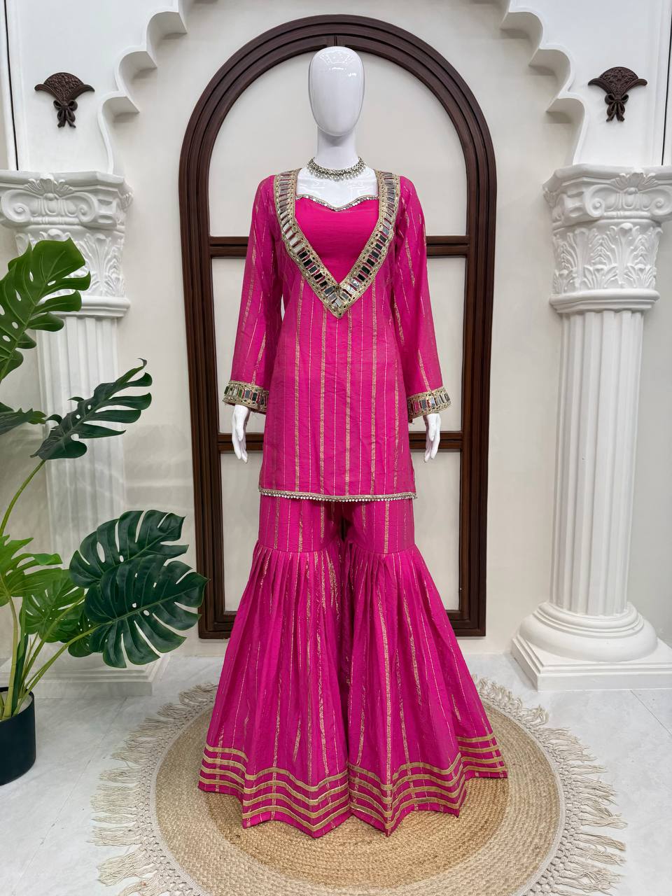 Diksha Gold Zari Kurta Sharara Set with Mirror Work