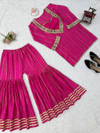 Zarvella Premium Designer Gold Zari Embroidered Mirror Work Top with Fully Stitched Lace Sharara Set