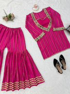 Zarvella Premium Designer Gold Zari Embroidered Mirror Work Top with Fully Stitched Lace Sharara Set