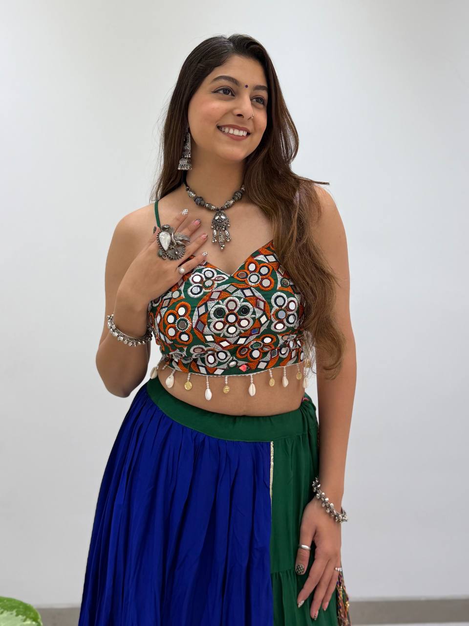 Loomvanya Premium Gujarati Style Rayon Lehenga Choli with Real Mirror Handwork, Gota Patti Detailing and 6 Metre Pleated Flared Lehenga
