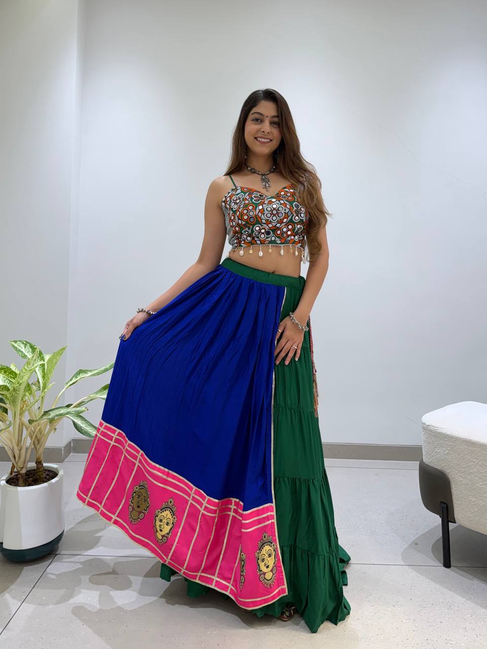 Loomvanya Premium Gujarati Style Rayon Lehenga Choli with Real Mirror Handwork, Gota Patti Detailing and 6 Metre Pleated Flared Lehenga