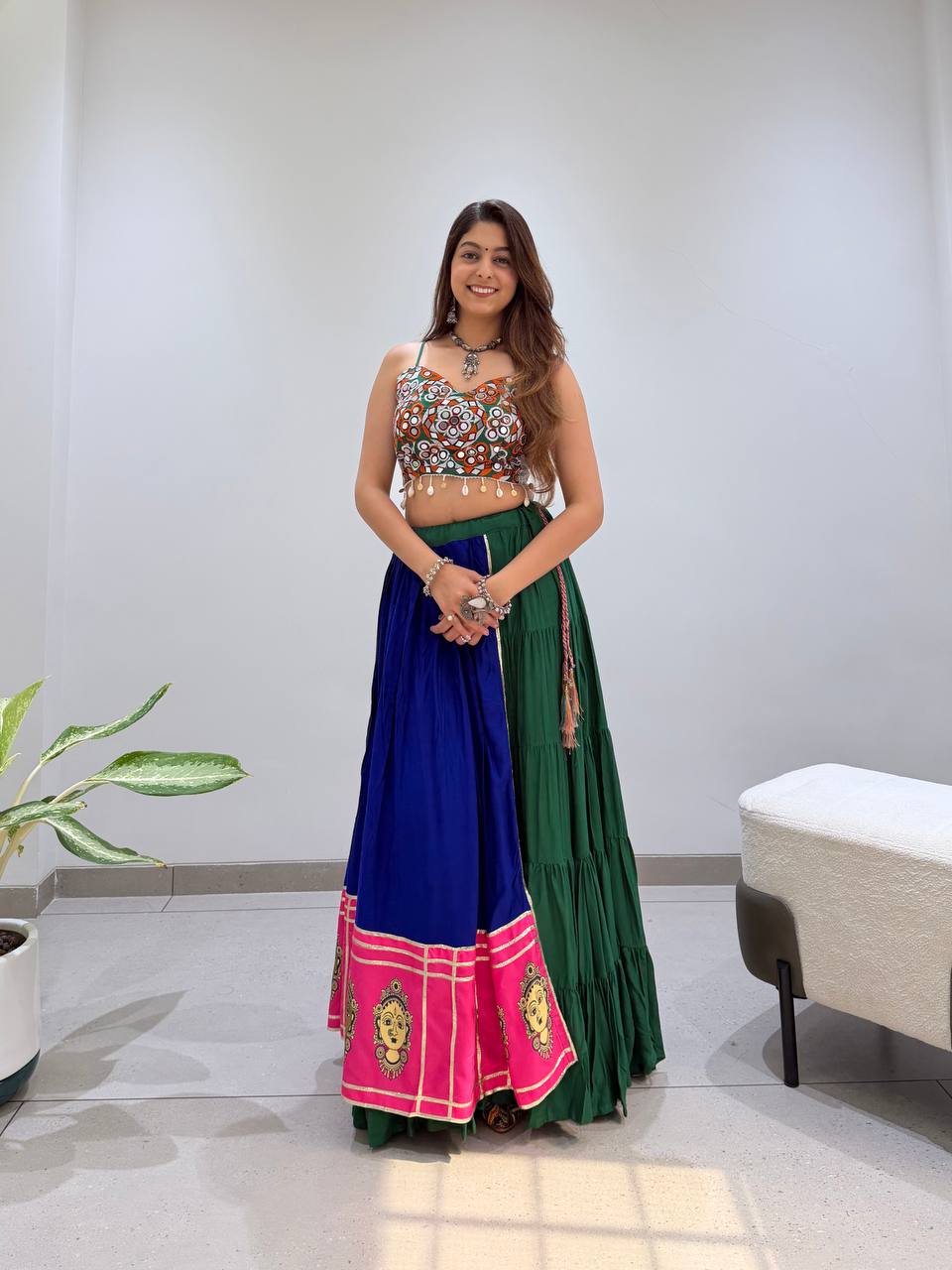 Loomvanya Premium Gujarati Style Rayon Lehenga Choli with Real Mirror Handwork, Gota Patti Detailing and 6 Metre Pleated Flared Lehenga