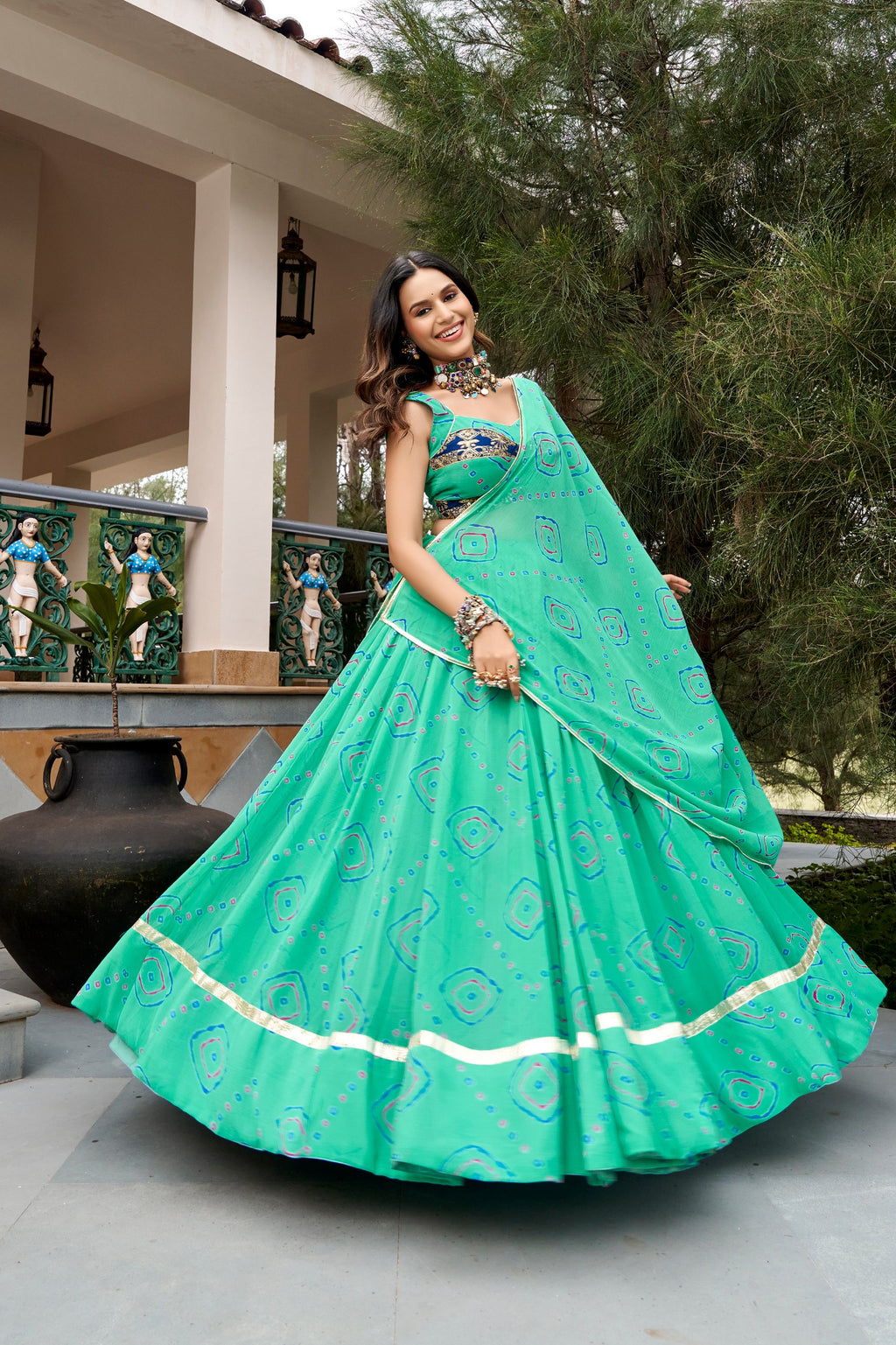 Ghummar Designer Bandhej Print Lehenga Choli With Gota Patti Work, 8 Meter Flair & Dupatta