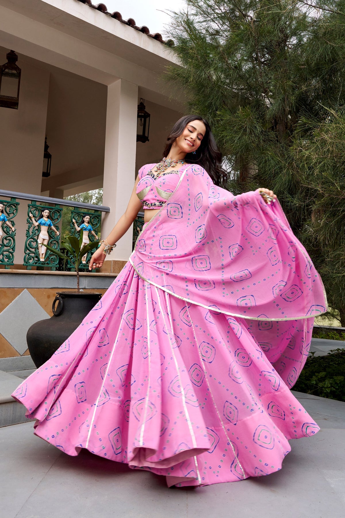 Ghummar Designer Bandhej Print Lehenga Choli With Gota Patti Work, 8 Meter Flair & Dupatta