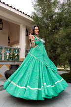 Ghummar Designer Bandhej Print Lehenga Choli With Gota Patti Work, 8 Meter Flair & Dupatta