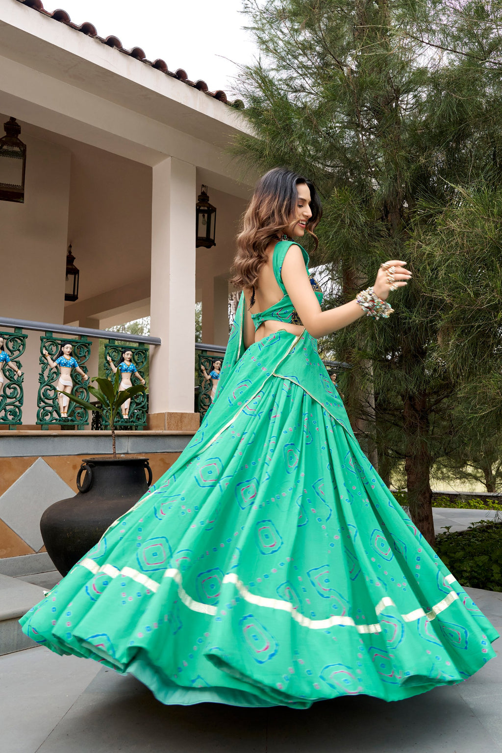 Ghummar Designer Bandhej Print Lehenga Choli With Gota Patti Work, 8 Meter Flair & Dupatta