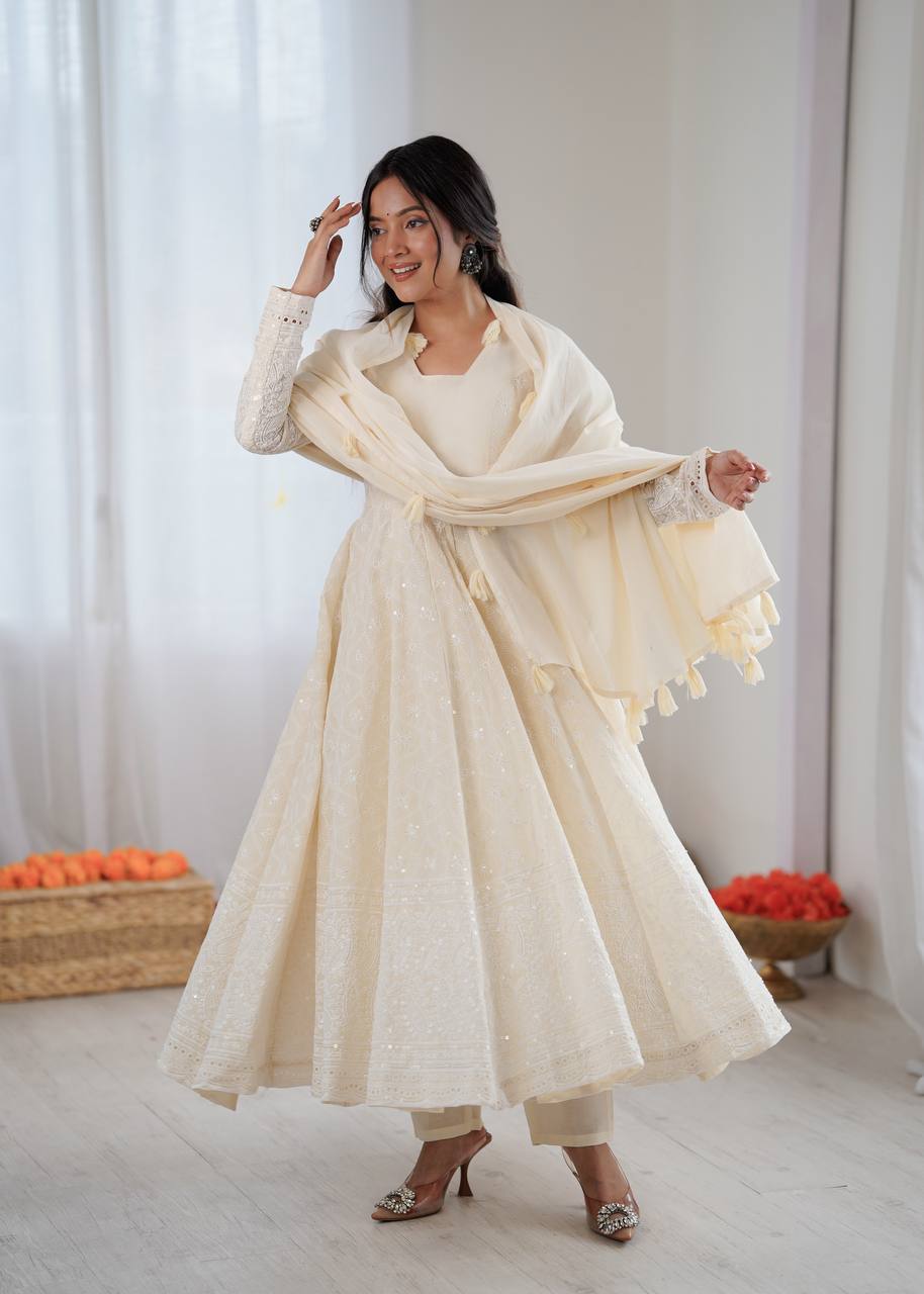 Elegant Full Sleeve Anarkali Set with Schiffli Detailing