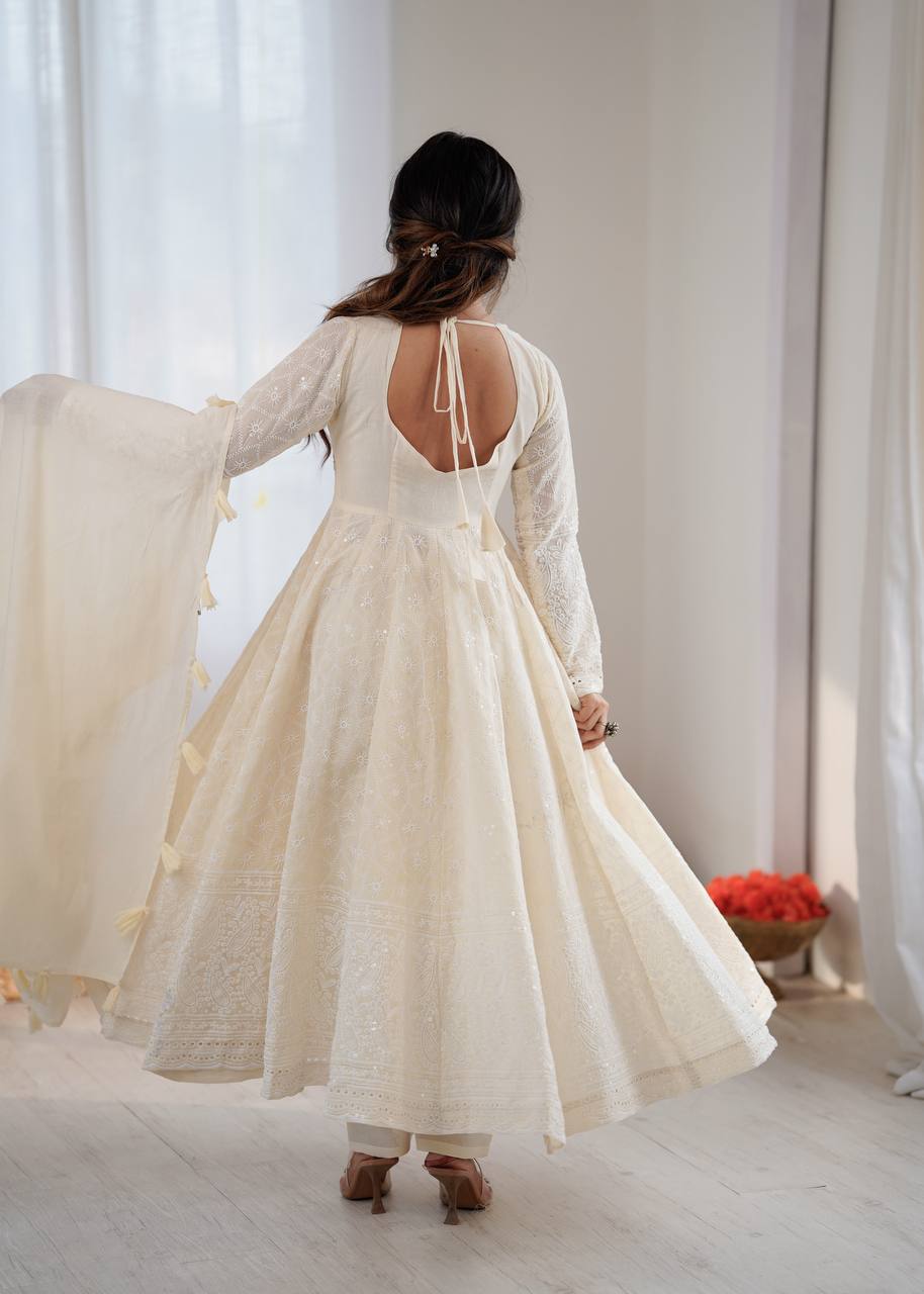 Elegant Full Sleeve Anarkali Set with Schiffli Detailing