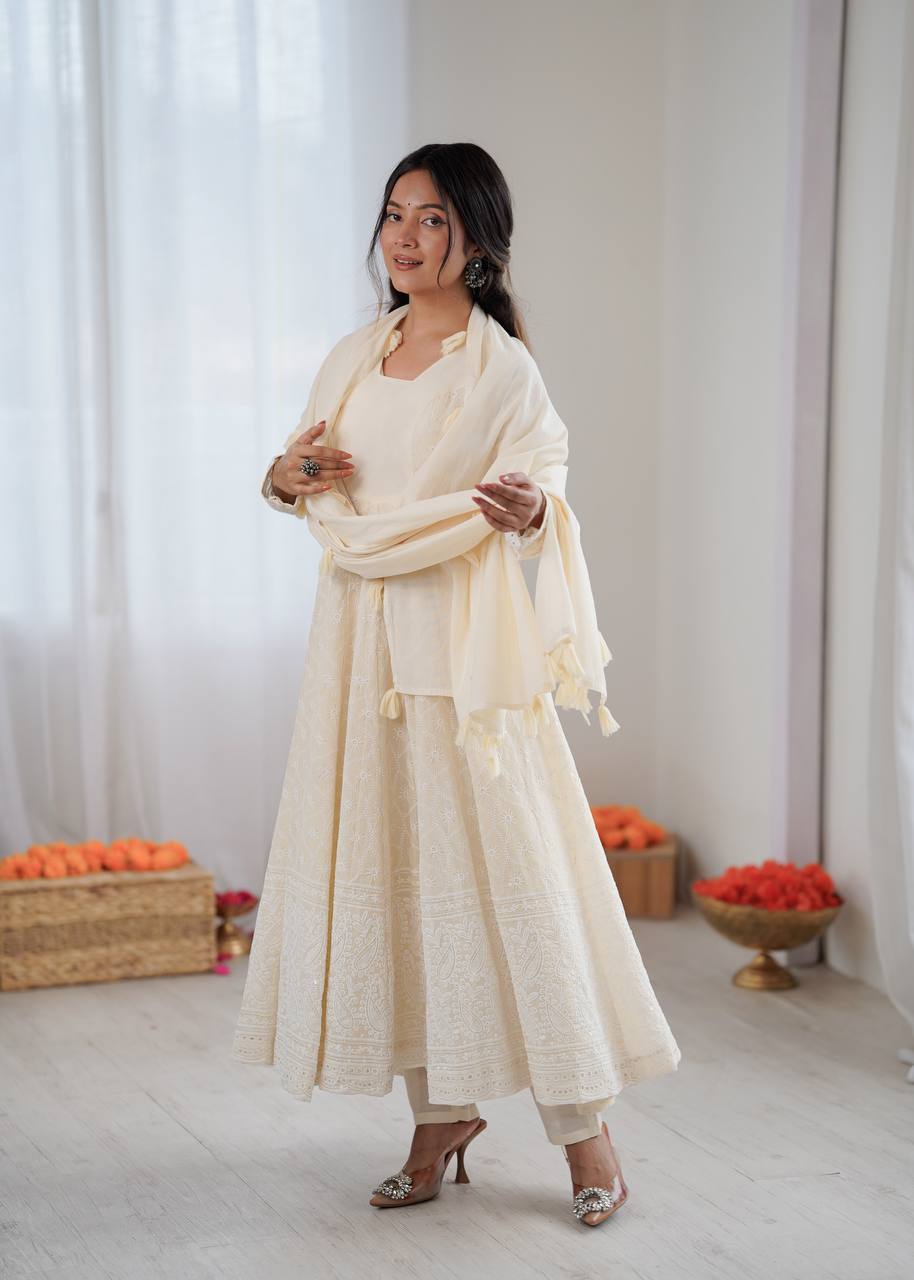 Elegant Full Sleeve Anarkali Set with Schiffli Detailing