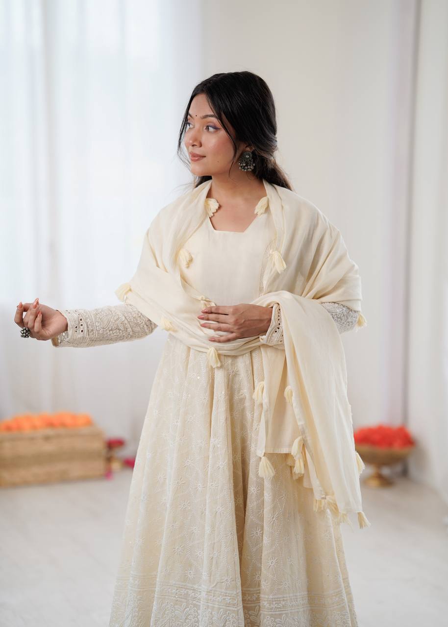 Elegant Full Sleeve Anarkali Set with Schiffli Detailing