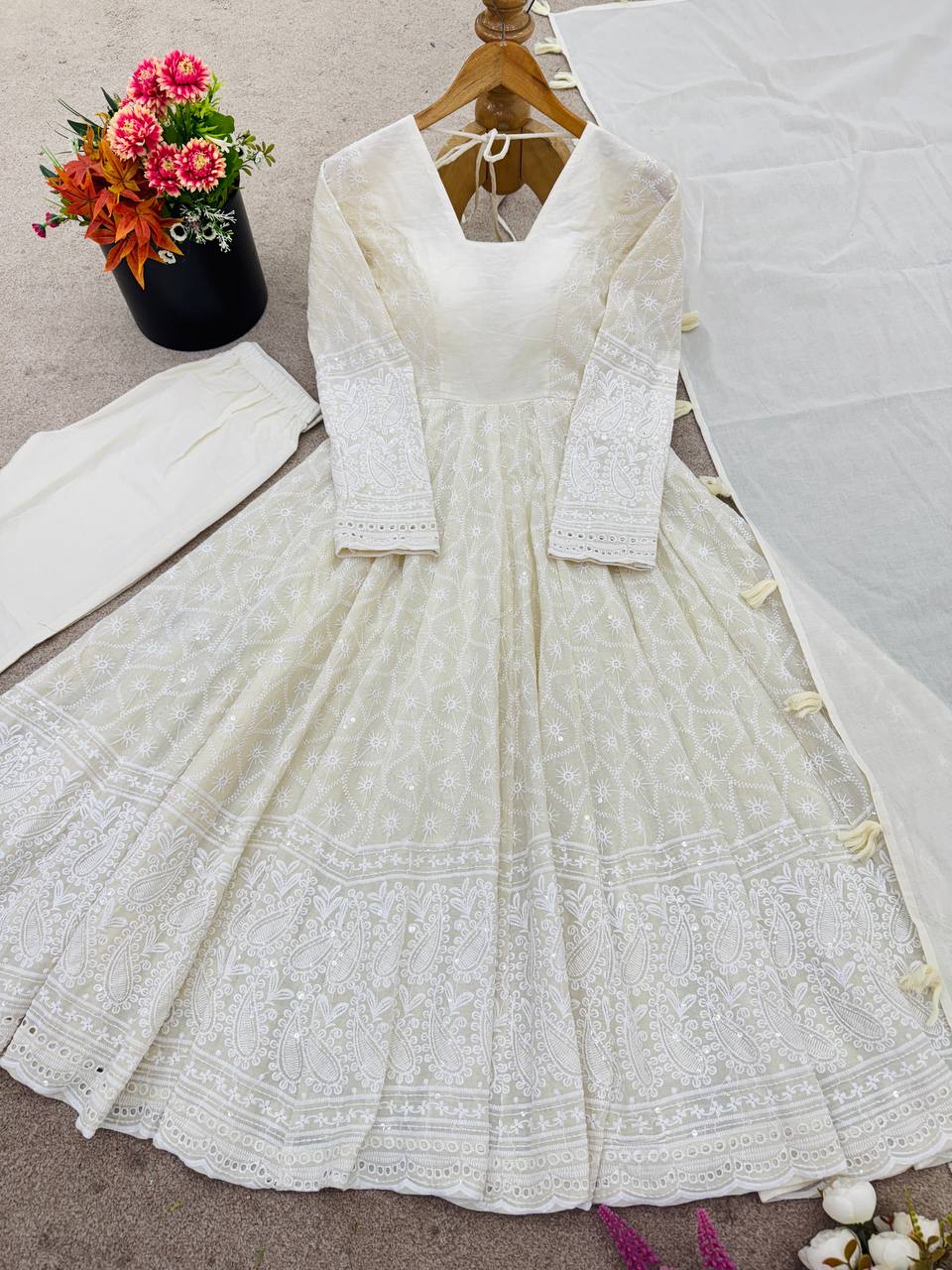 Elegant Full Sleeve Anarkali Set with Schiffli Detailing