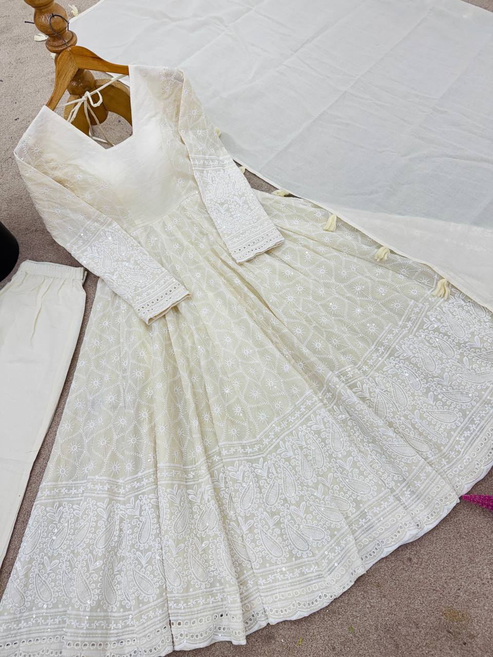 Elegant Full Sleeve Anarkali Set with Schiffli Detailing