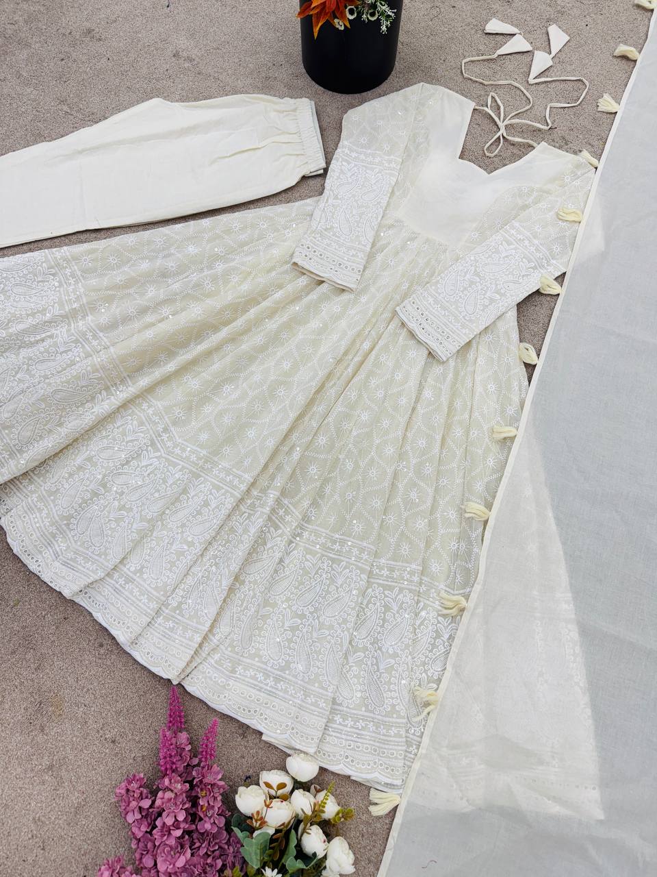 Elegant Full Sleeve Anarkali Set with Schiffli Detailing