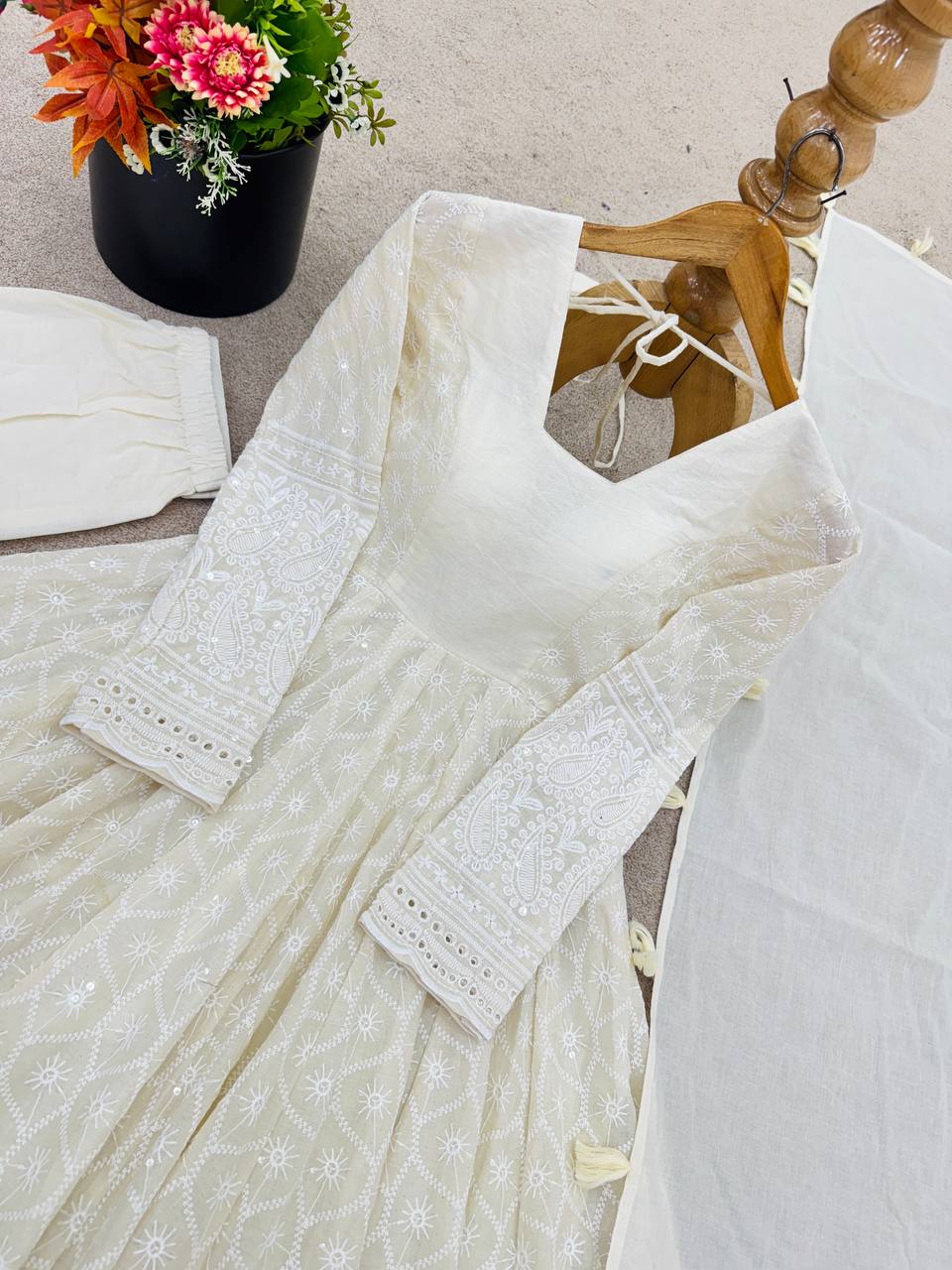 Elegant Full Sleeve Anarkali Set with Schiffli Detailing