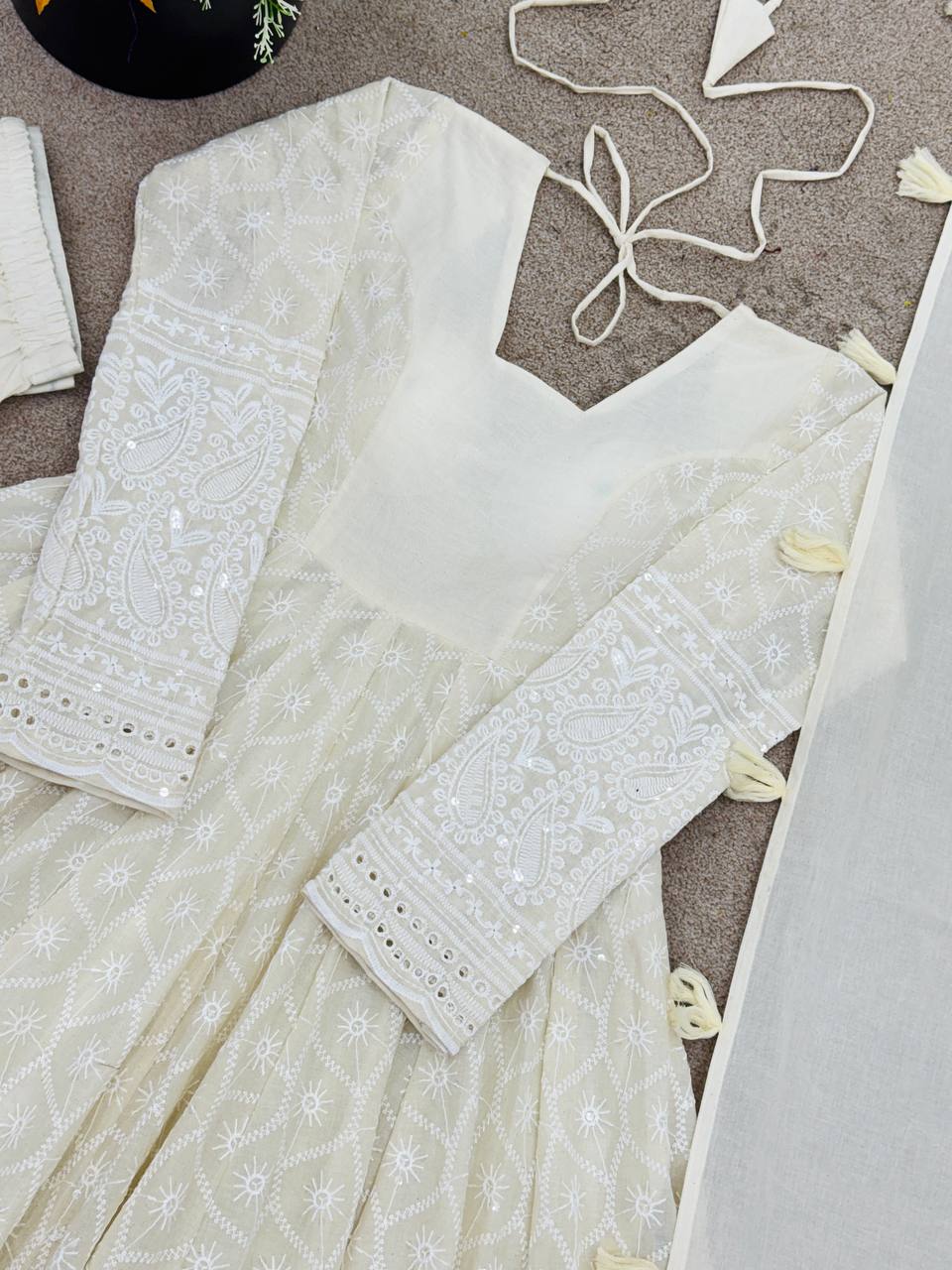Elegant Full Sleeve Anarkali Set with Schiffli Detailing