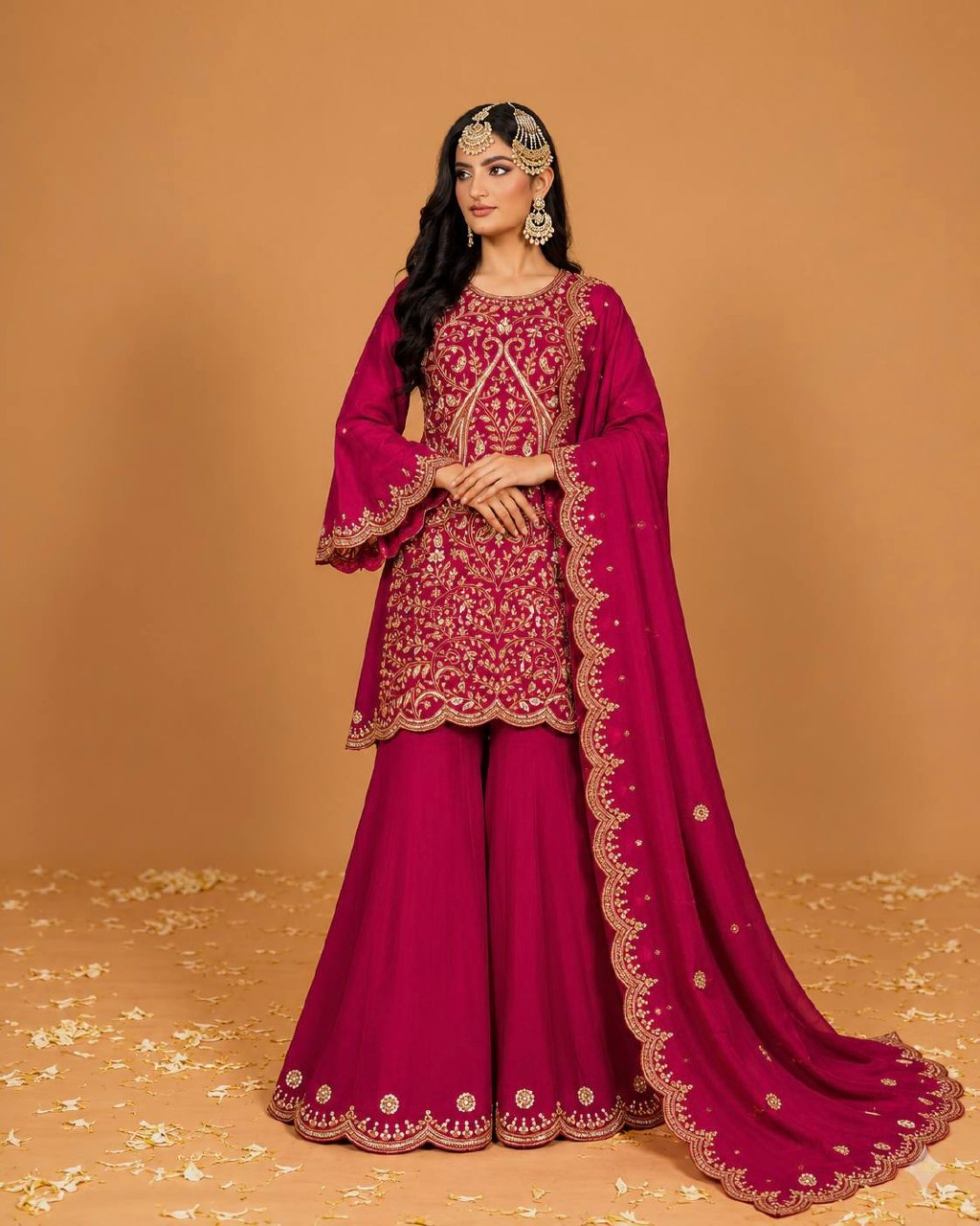 Kashvika Vichitra Silk 5mm Sequins, Zari & Thread Embroidered Kurti with Palazzo & Dupatta