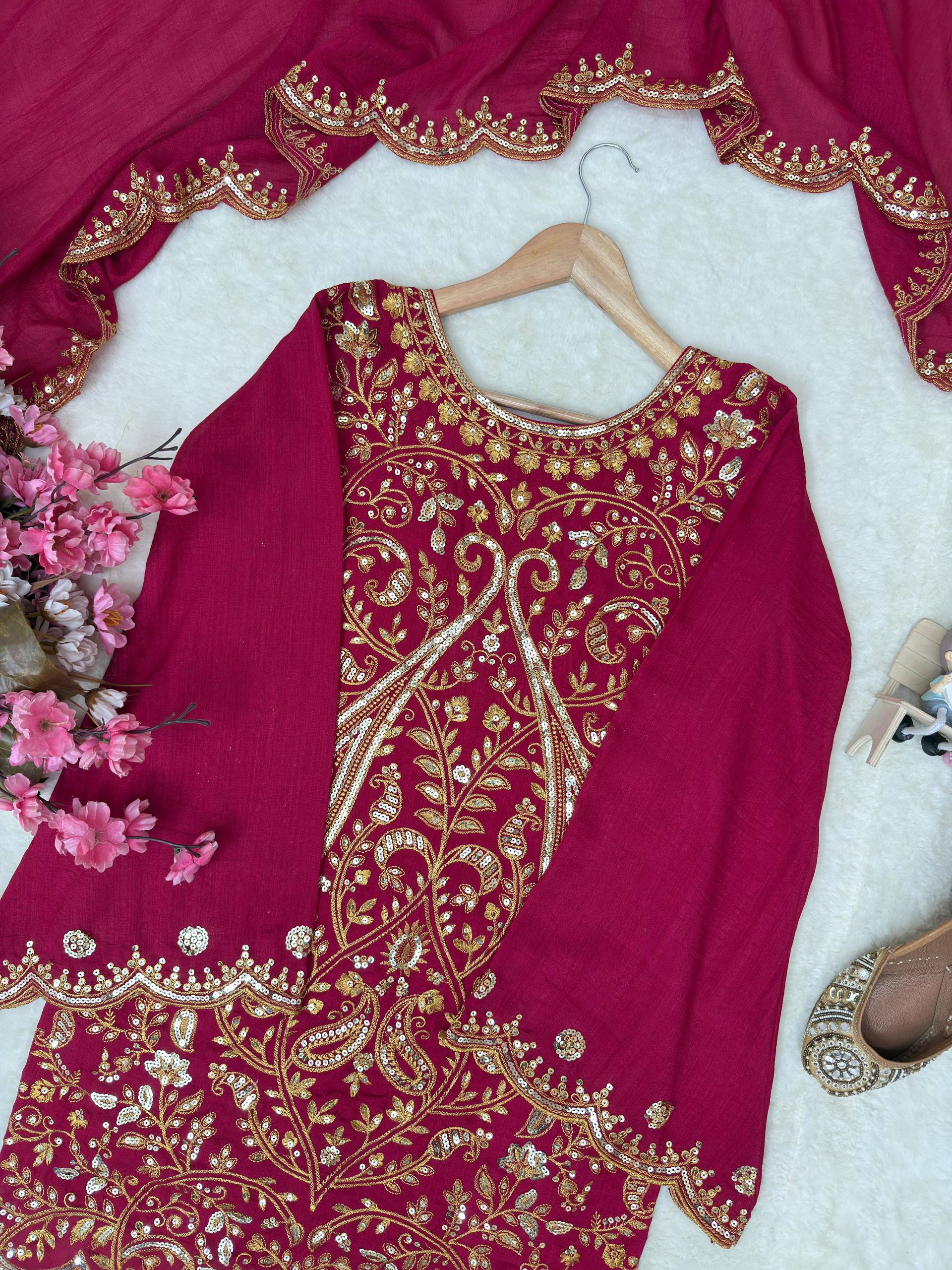 Kashvika Vichitra Silk 5mm Sequins, Zari & Thread Embroidered Kurti with Palazzo & Dupatta