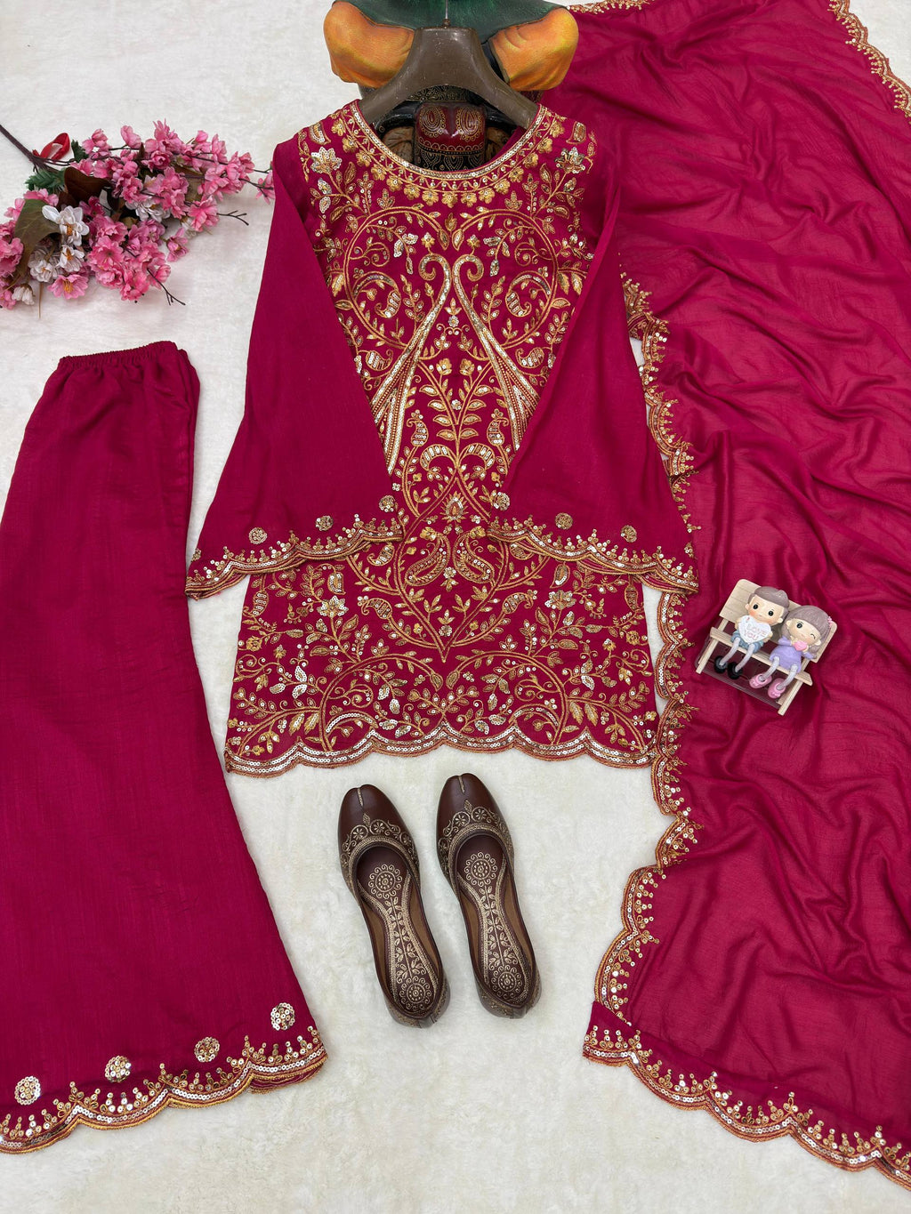 Kashvika Vichitra Silk 5mm Sequins, Zari & Thread Embroidered Kurti with Palazzo & Dupatta