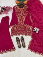 Kashvika Vichitra Silk 5mm Sequins, Zari & Thread Embroidered Kurti with Palazzo & Dupatta