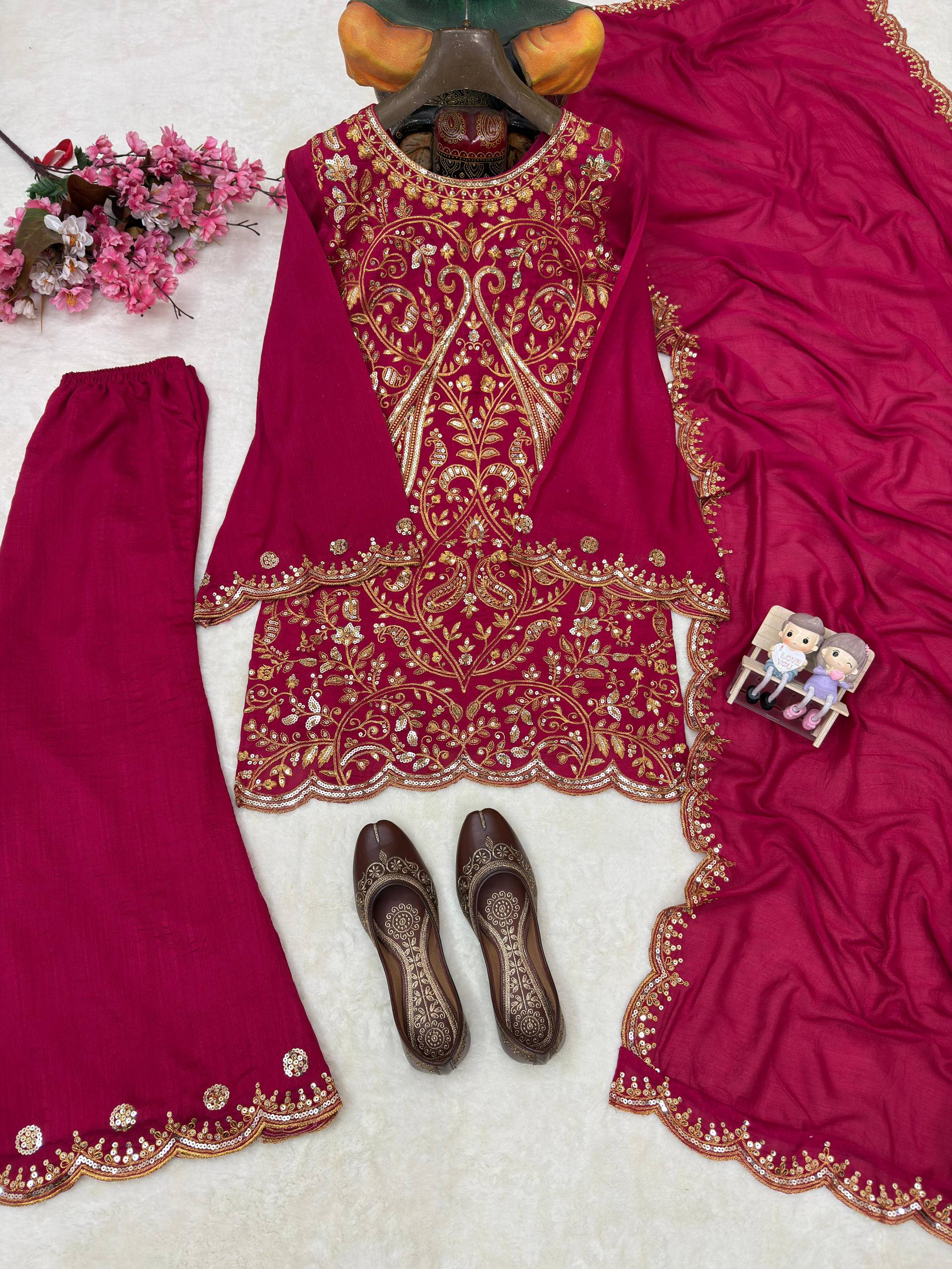 Kashvika Vichitra Silk 5mm Sequins, Zari & Thread Embroidered Kurti with Palazzo & Dupatta