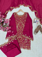 Kashvika Vichitra Silk 5mm Sequins, Zari & Thread Embroidered Kurti with Palazzo & Dupatta
