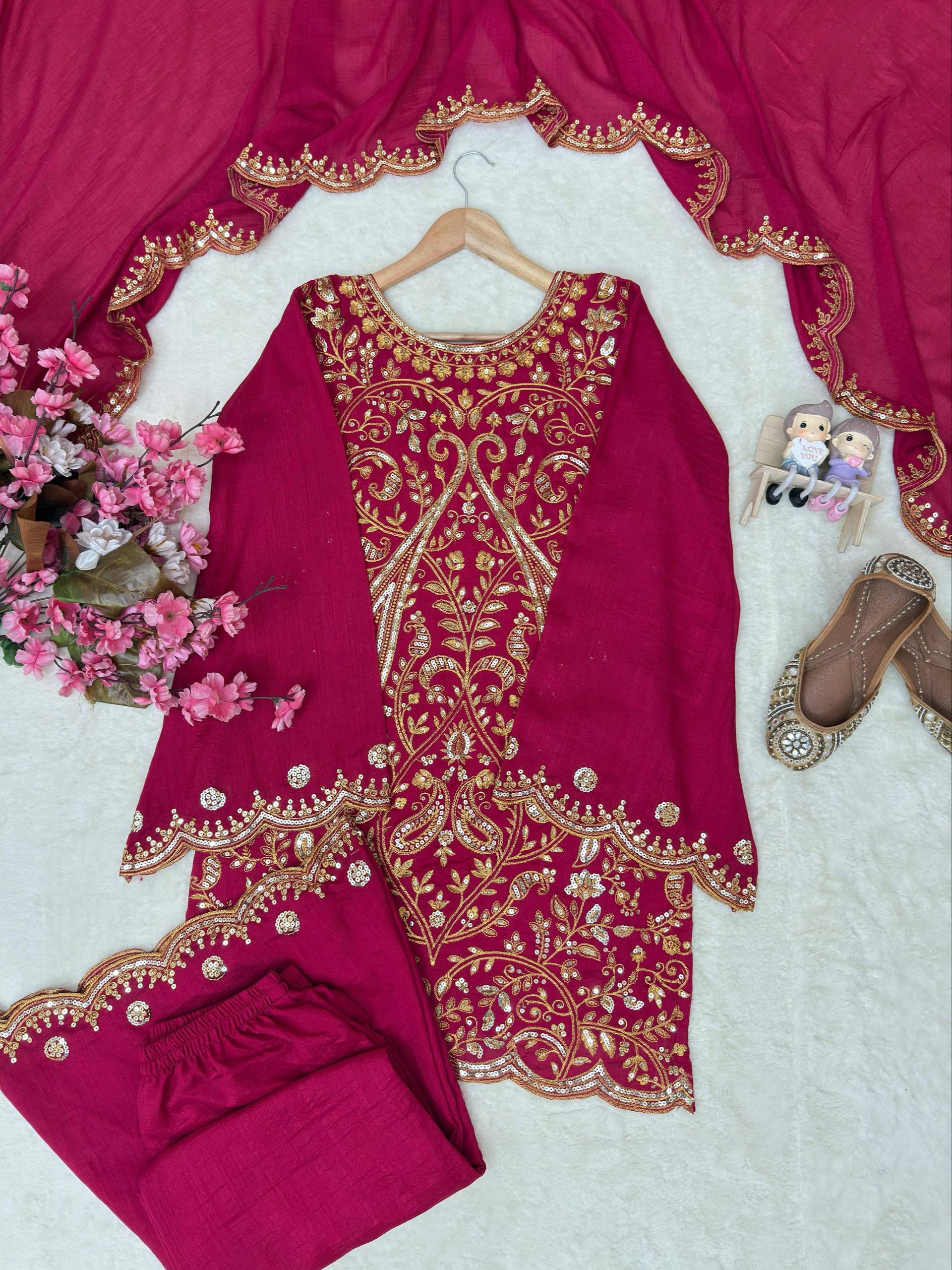 Kashvika Vichitra Silk 5mm Sequins, Zari & Thread Embroidered Kurti with Palazzo & Dupatta
