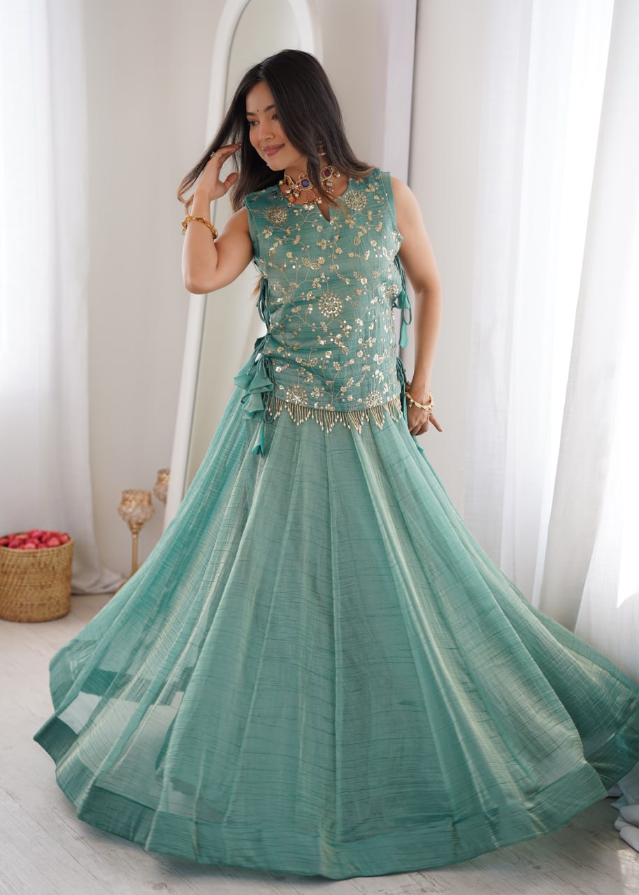 Royal Salsa Crush Lehenga with Embroidered Koti and Sleeveless Blouse