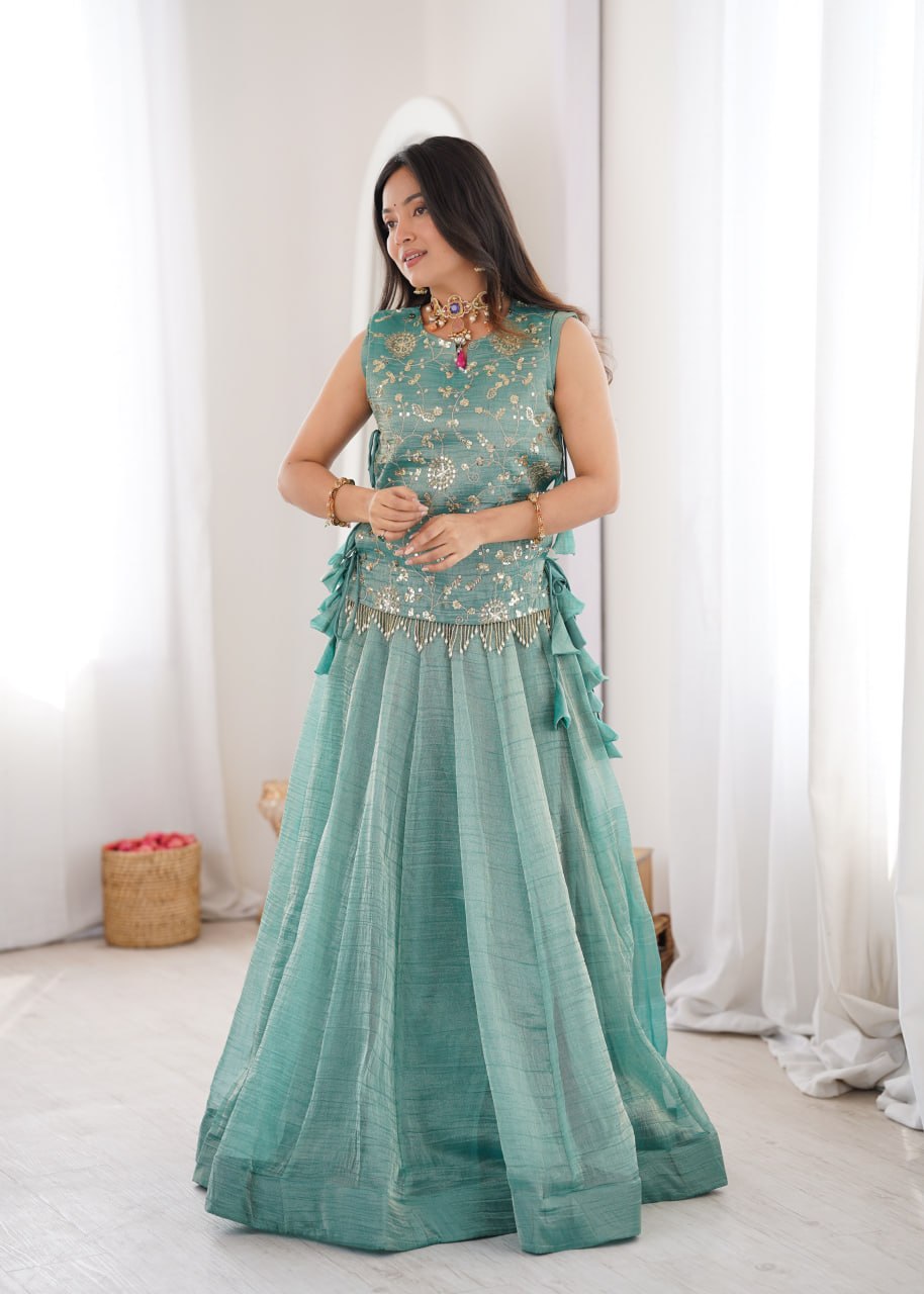 Royal Salsa Crush Lehenga with Embroidered Koti and Sleeveless Blouse