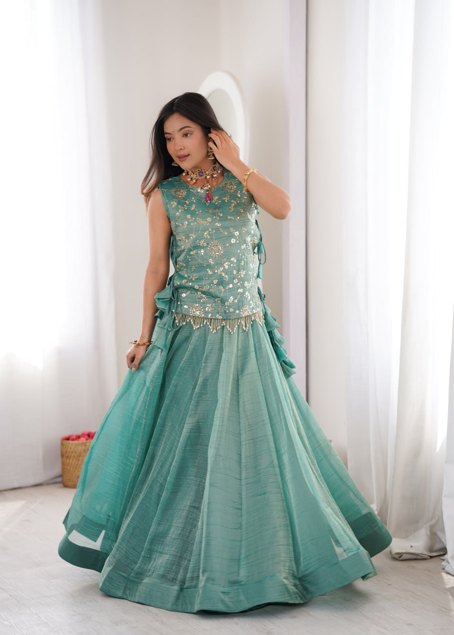 Royal Salsa Crush Lehenga with Embroidered Koti and Sleeveless Blouse