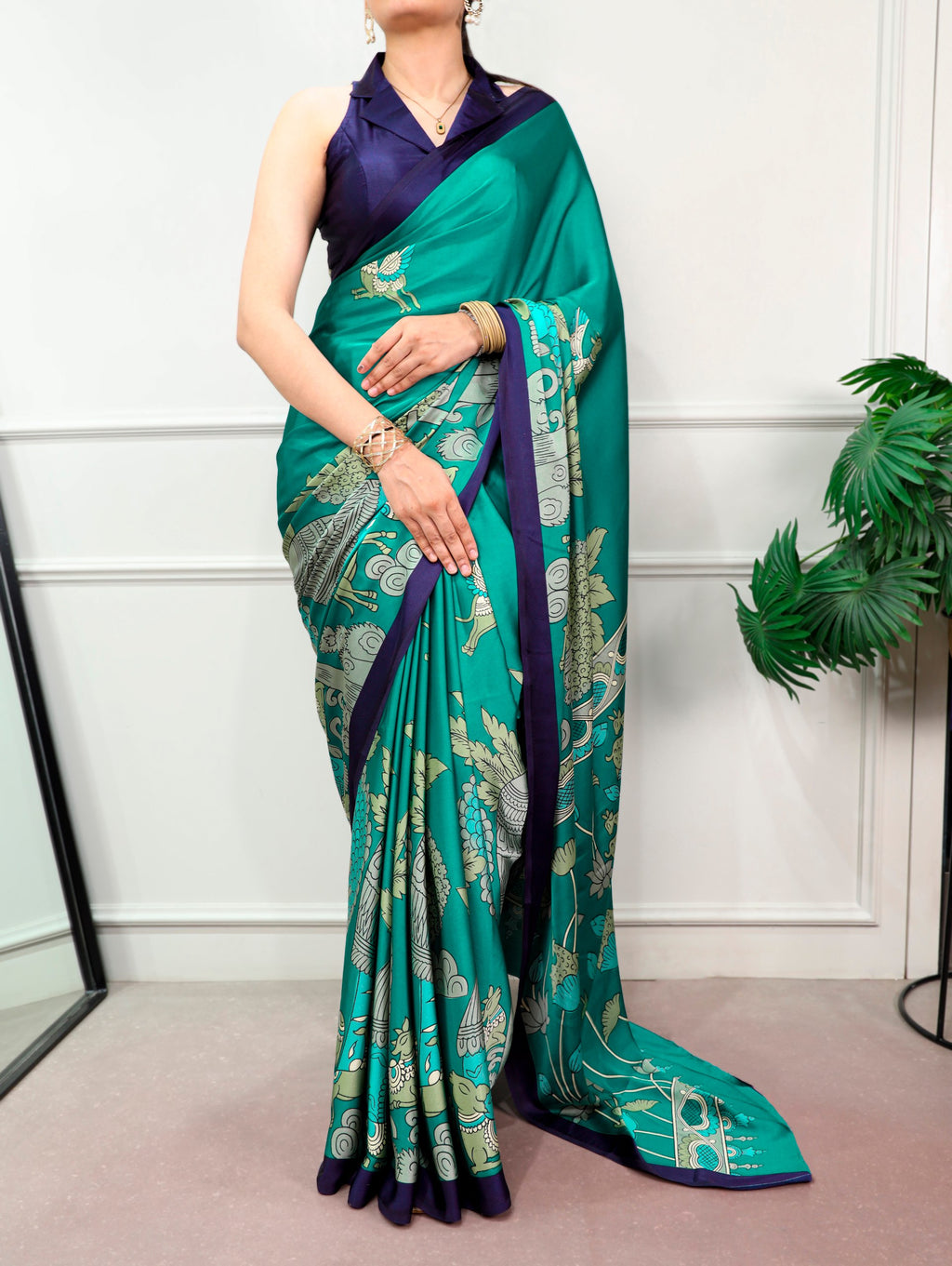 Kalyani Satin Silk Kalamkari Print Saree with Stitched Blouse
