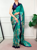 Kalyani Satin Silk Kalamkari Print Saree with Stitched Blouse