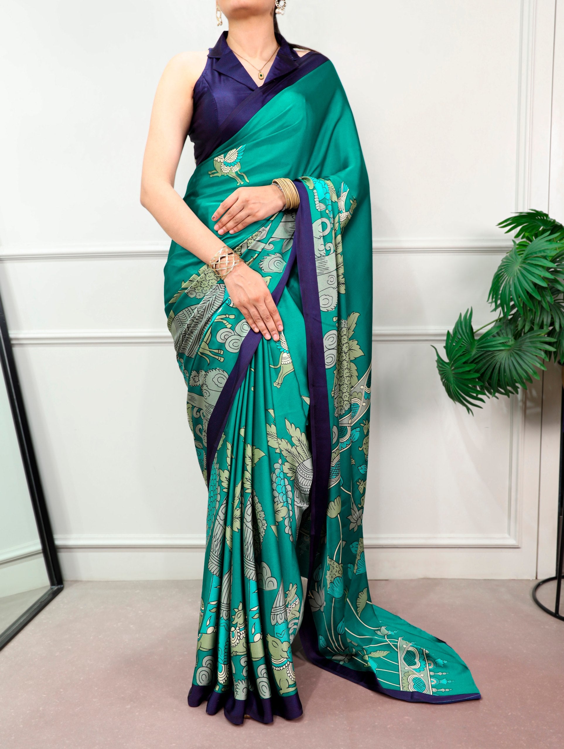 Kalyani Satin Silk Kalamkari Print Saree with Stitched Blouse