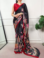 Kalyani Satin Silk Kalamkari Print Saree with Stitched Blouse