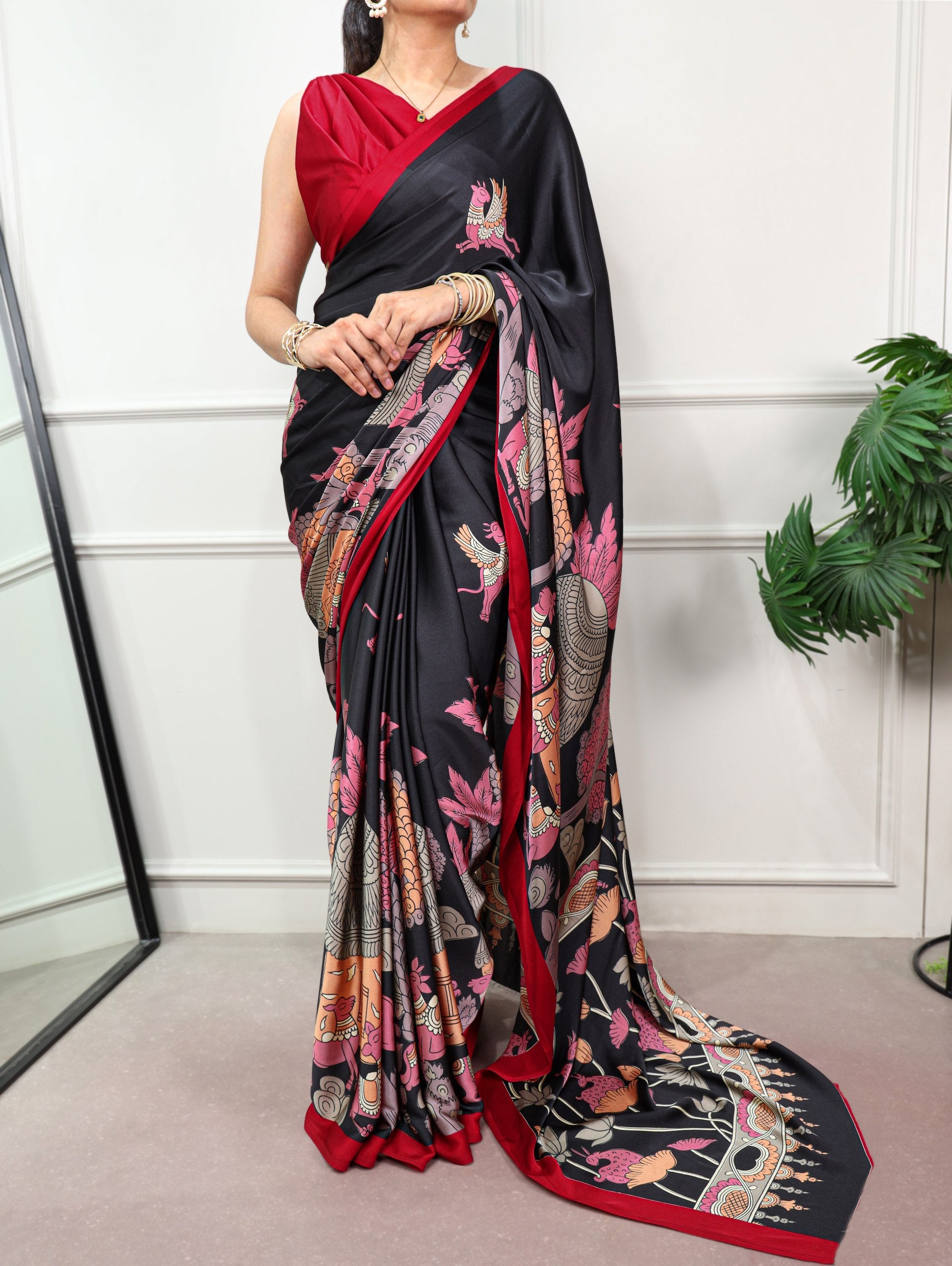 Kalyani Satin Silk Kalamkari Print Saree with Stitched Blouse