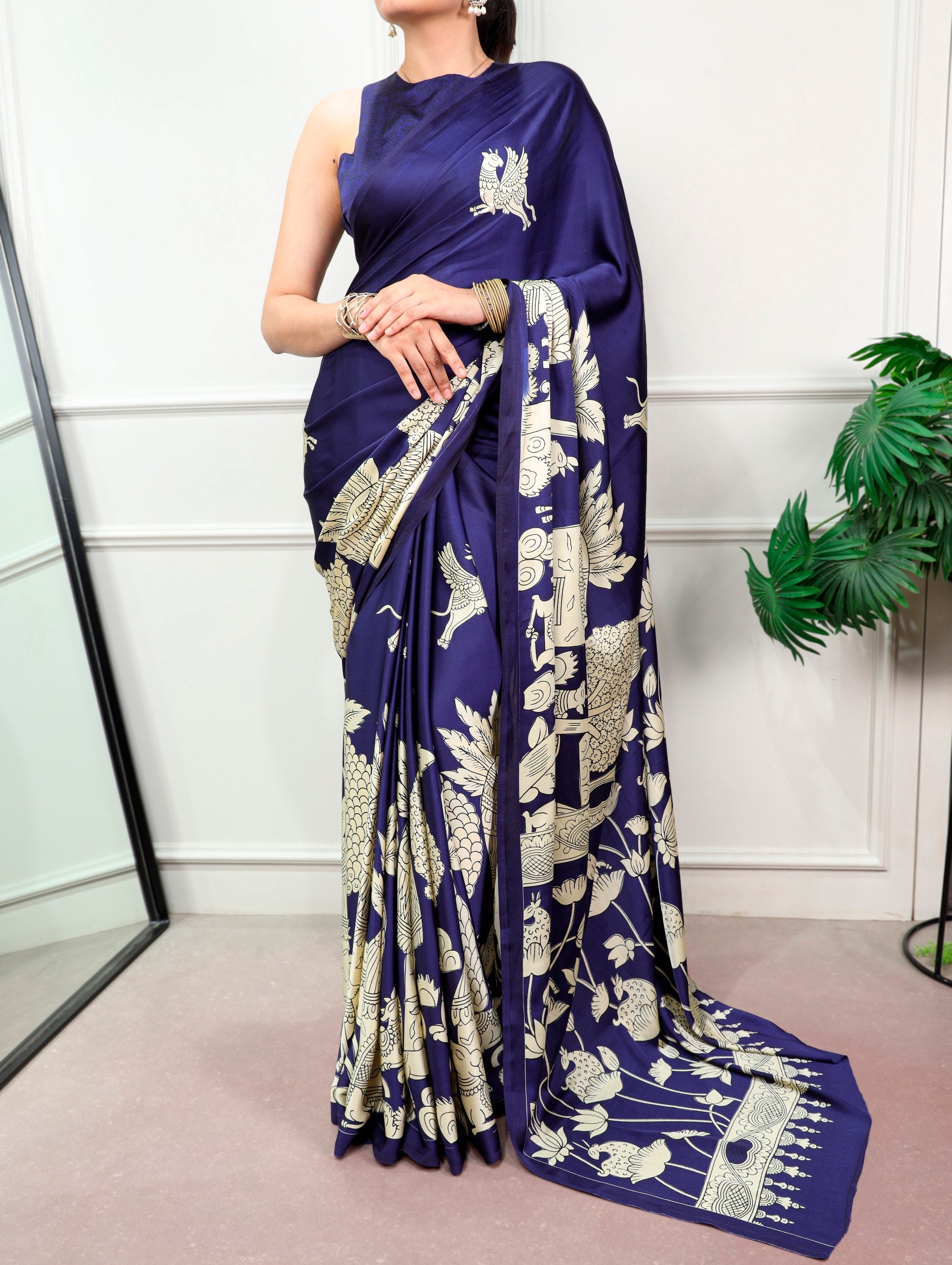 Kalyani Satin Silk Kalamkari Print Saree with Stitched Blouse