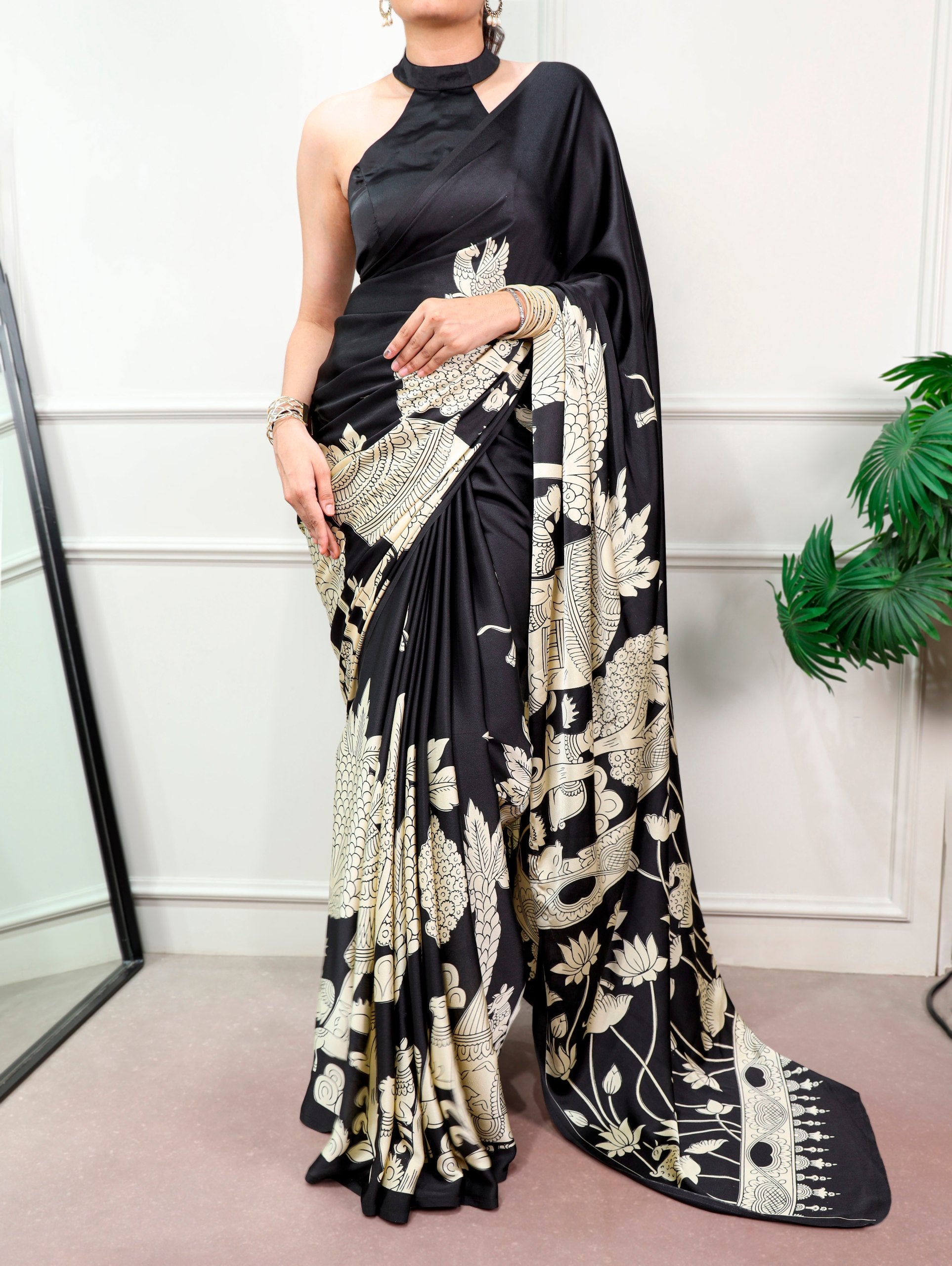 Kalyani Satin Silk Kalamkari Print Saree with Stitched Blouse
