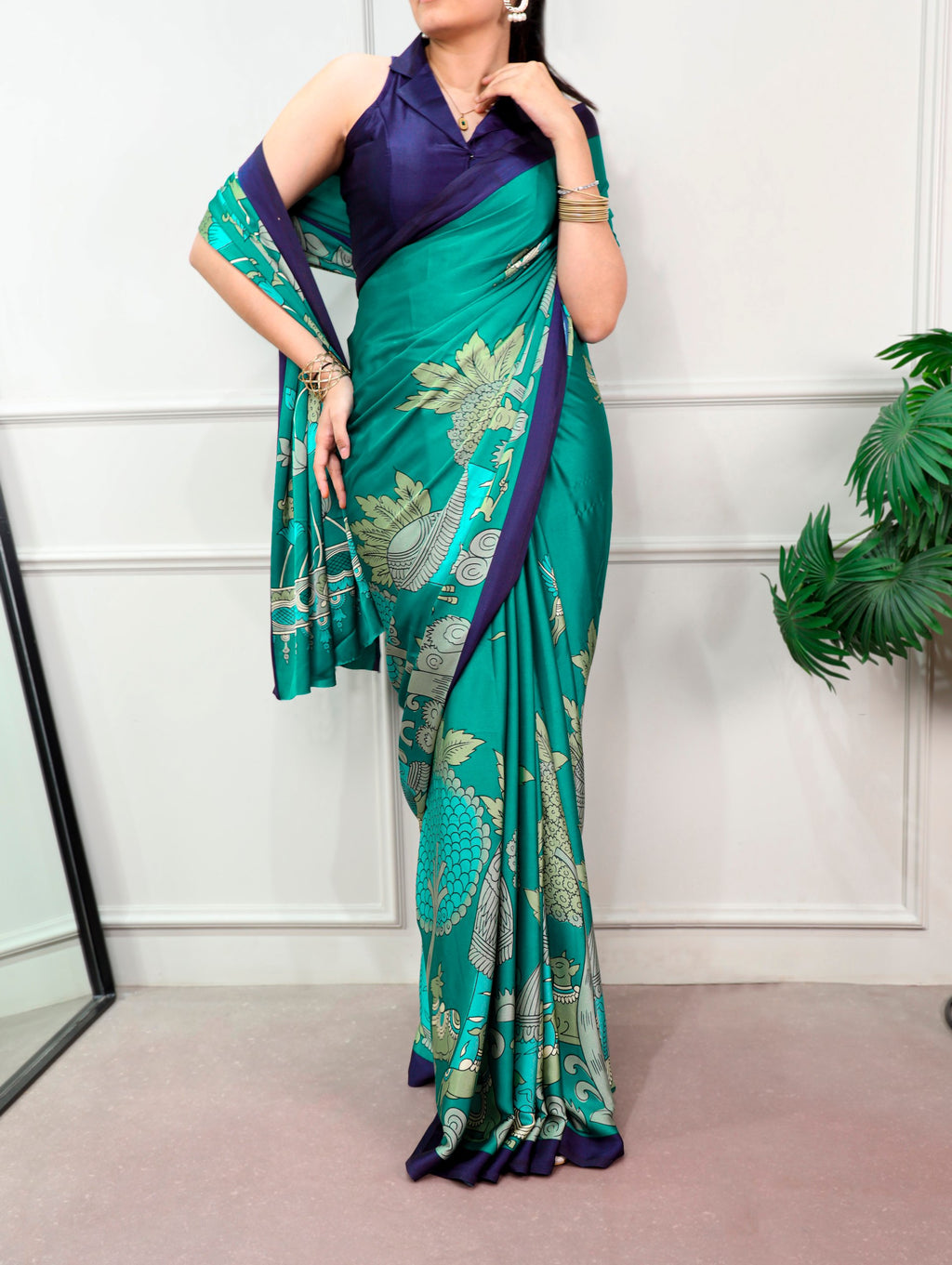 Kalyani Satin Silk Kalamkari Print Saree with Stitched Blouse