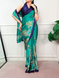 Kalyani Satin Silk Kalamkari Print Saree with Stitched Blouse