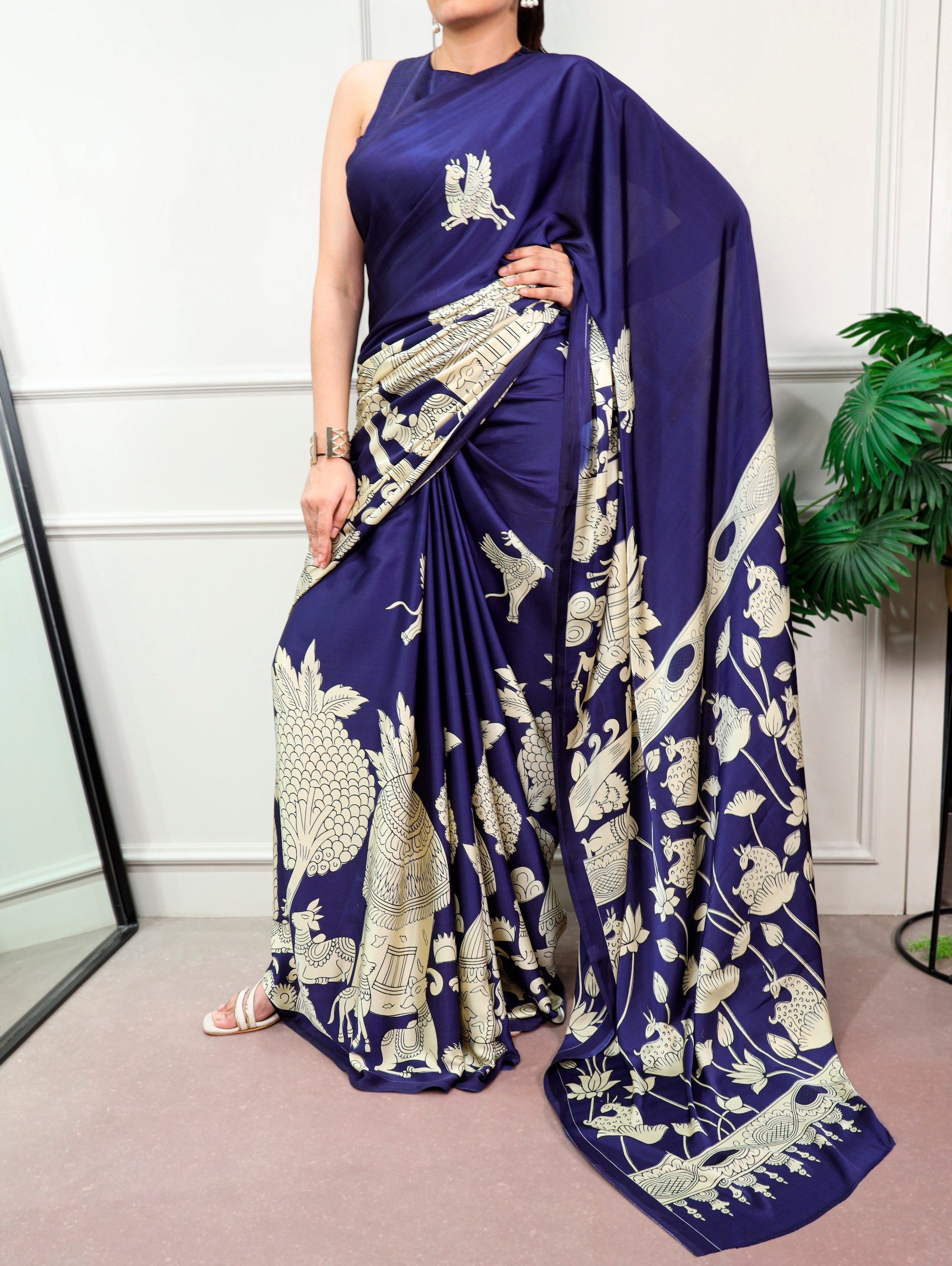 Kalyani Satin Silk Kalamkari Print Saree with Stitched Blouse