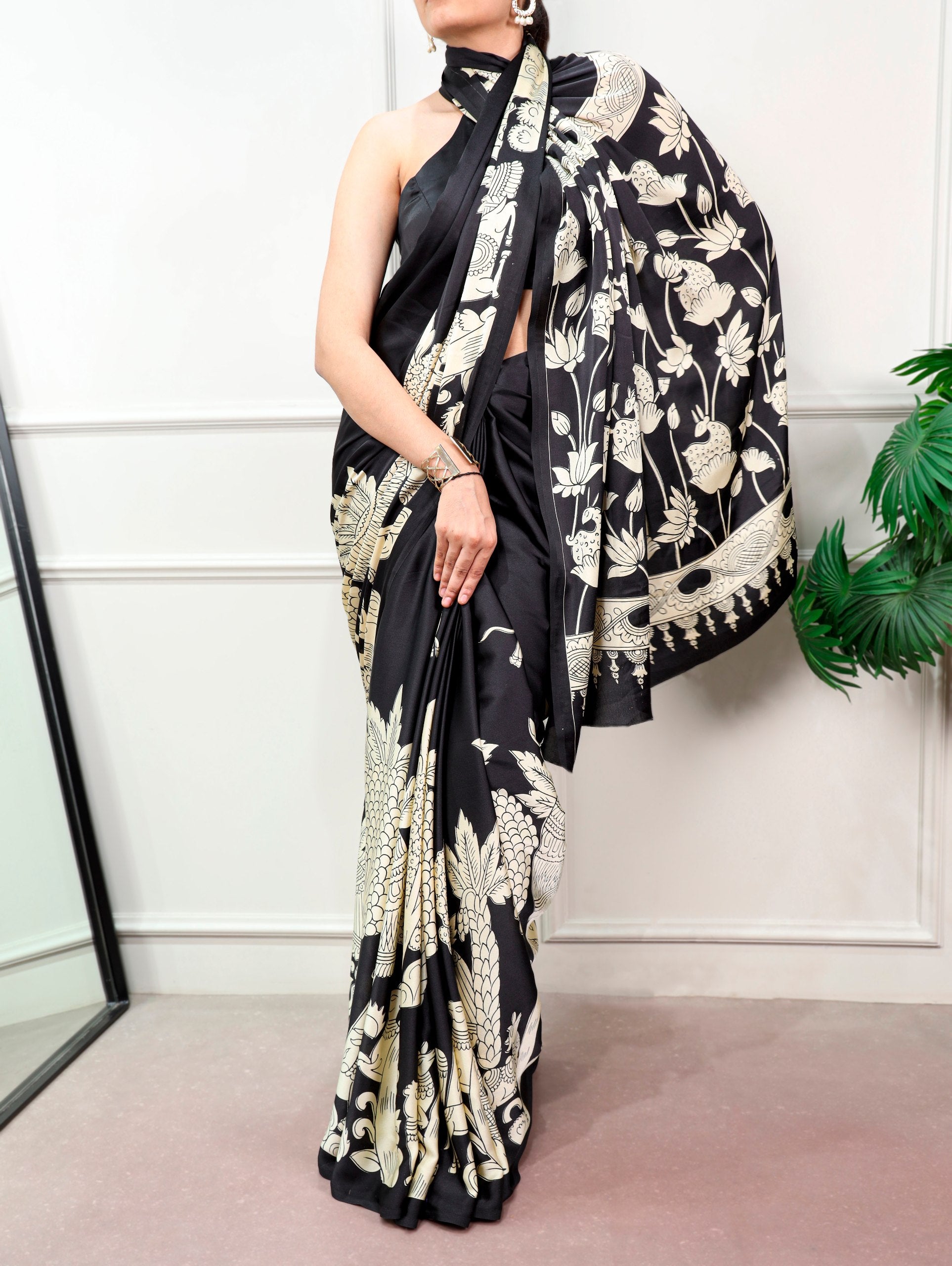 Kalyani Satin Silk Kalamkari Print Saree with Stitched Blouse