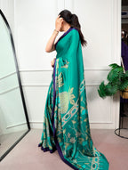 Kalyani Satin Silk Kalamkari Print Saree with Stitched Blouse