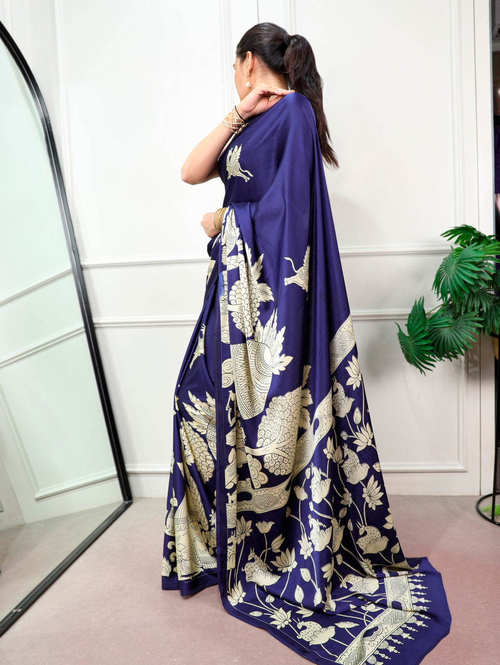 Kalyani Satin Silk Kalamkari Print Saree with Stitched Blouse