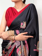 Kalyani Satin Silk Kalamkari Print Saree with Stitched Blouse