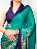 Kalyani Satin Silk Kalamkari Print Saree with Stitched Blouse