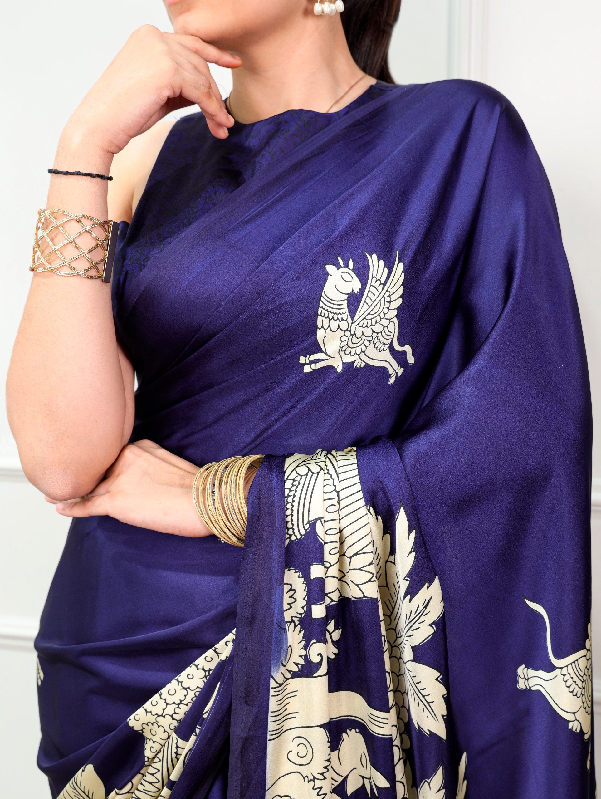 Kalyani Satin Silk Kalamkari Print Saree with Stitched Blouse