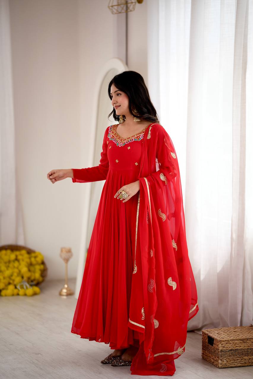 Vaanya Faux Georgette Sequins Embroidered Flared Anarkali with Pant & Dupatta