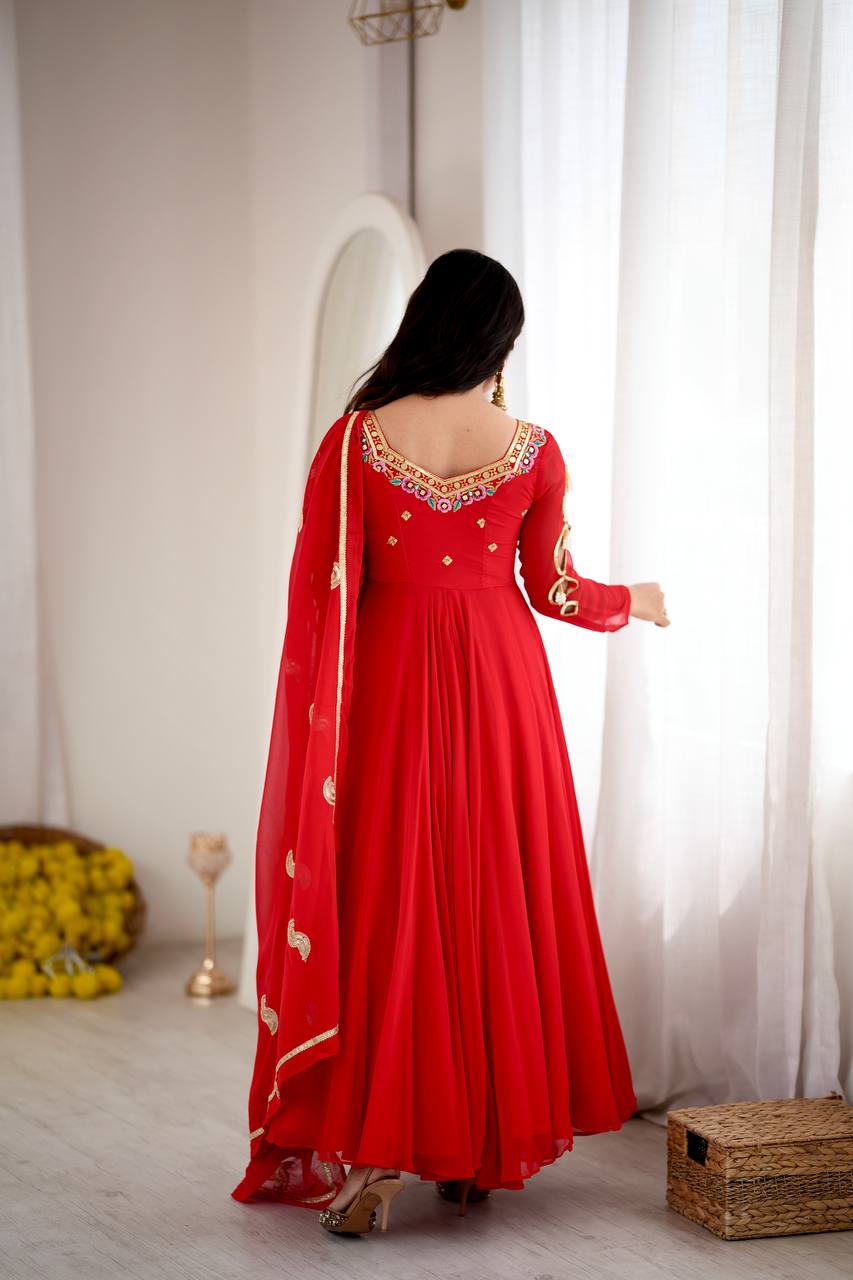 Vaanya Faux Georgette Sequins Embroidered Flared Anarkali with Pant & Dupatta